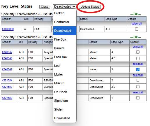 How do I change a Key's status within SecurityRecords?